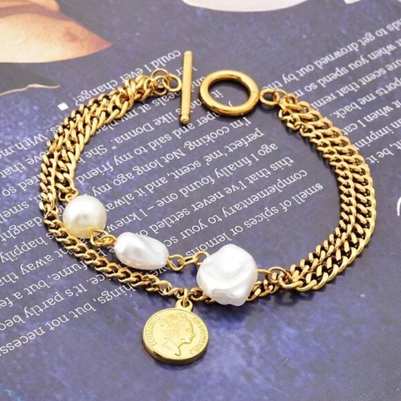 NWT 14K Gold Plated Two Strands Coin Charm Pearl Bracelet 7” - Picture 7 of 13